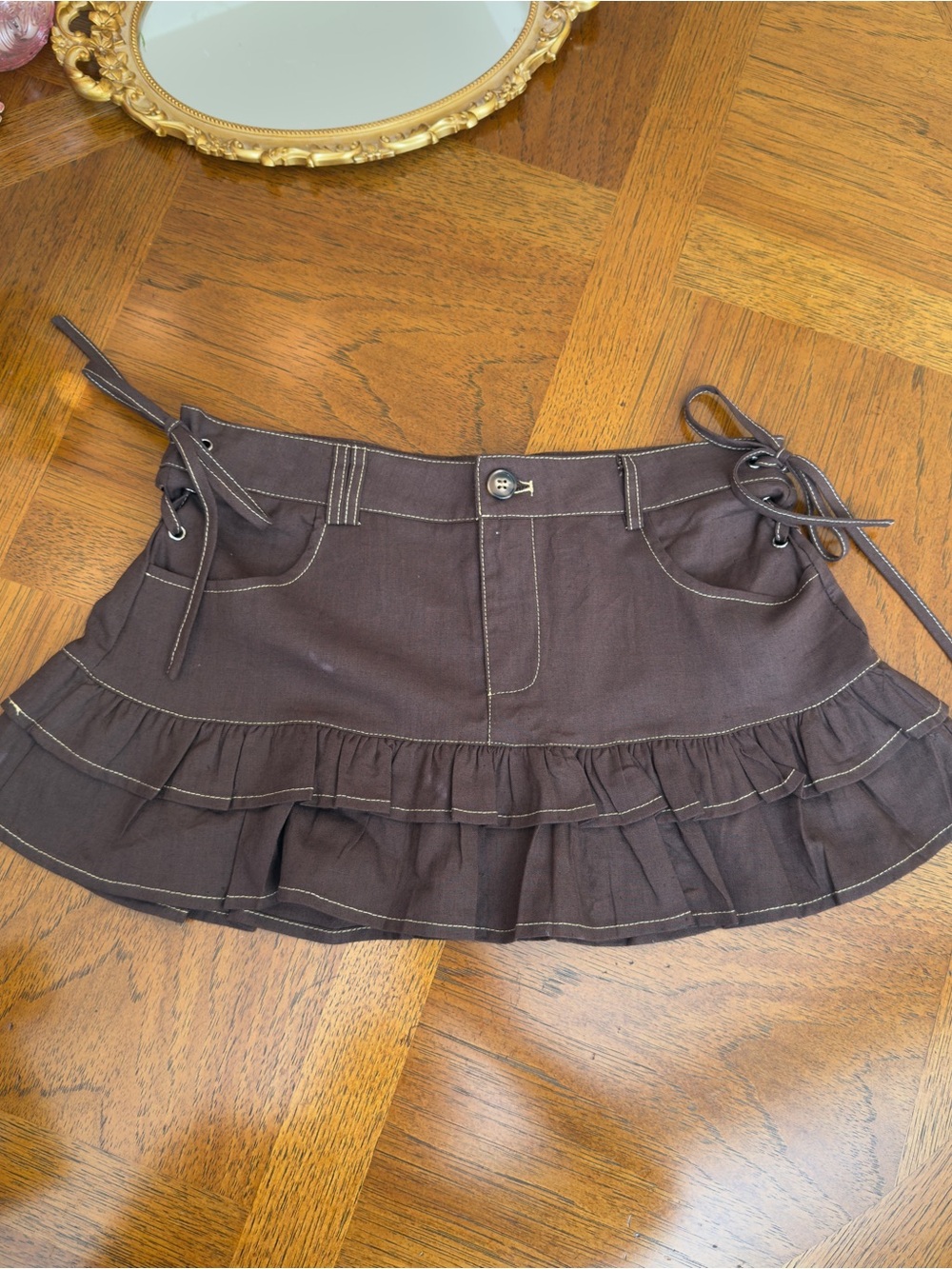 Brown Ruffled Mini Skirt with Lace-Up Sides Size S